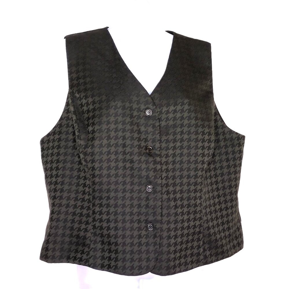 Danny & Nicole Houndstooth Vest Button Front Olive Green / Satin Lined EUC 2X ??